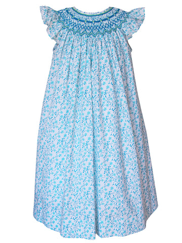 Adorable Fun Aqua Teal Blue All over Print Spring Easter Summer Beach Smocked and Embroidered Long Dress for Girls