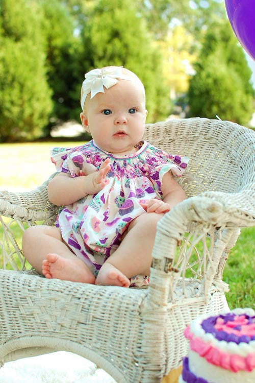 Baby Girls First Birthday Bubble Romper with Hand Smocked Cupcakes Baby Girls First Birthday Bubble Romper with Hand Smocked Cupcakes