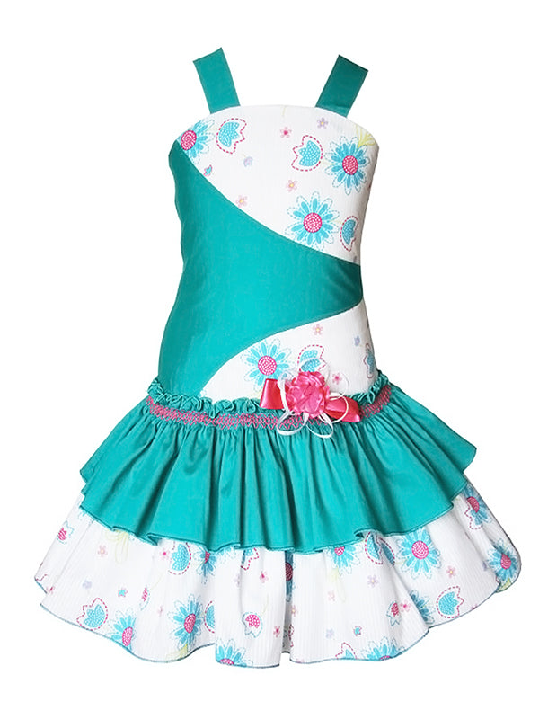 adorable fun teal blue green spring easter summer beach holiday smocked and embroidered 2 tier ruffle skirt strap dress
