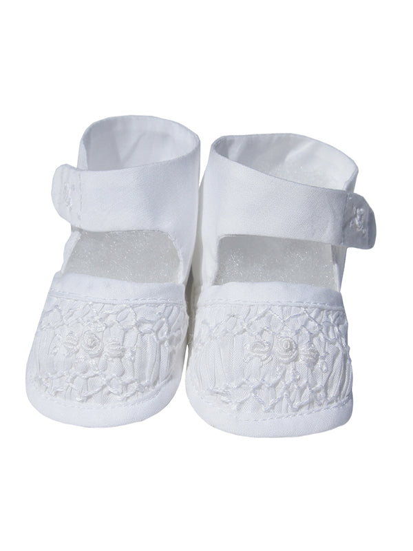 ornamental baby white smocked shoes for Christenings and baptisms