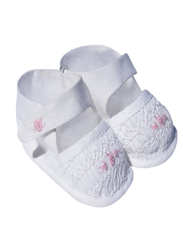 Infant Baby Girls Shoes White and Pink Smocking--Carousel Wear - 1