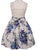 Beautiful Spring Easter Holiday White Linen Taffeta Smocked Dress for Girls - Blue Flower Floral All over Print Skirt with Back Ribbon