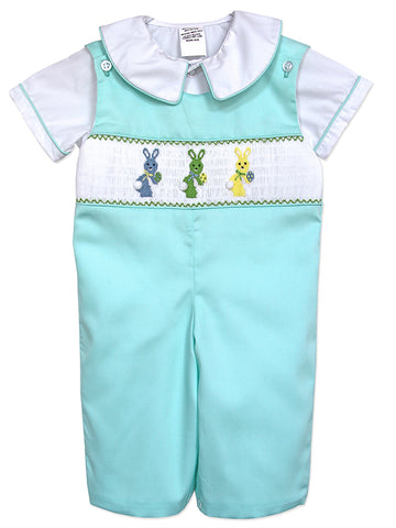 Adorable Turquoise Blue Spring Easter Smocked and Embroidered Long Overall Pants for Baby Boys - Multi Color Easter Bunny Embroidery Design 