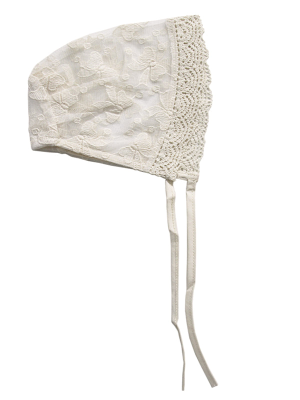 Beautifully Detailed Laced and Embroidered Ivory White Heirloom Bonnet for Baby Girls - Over All Bow LAce Embroidery Design