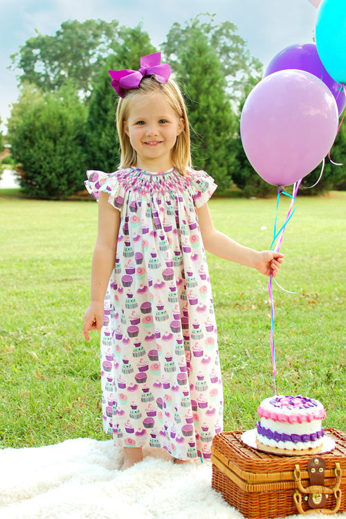 Girls Cupcake Birthday Dress Smocked by Hand Bishop Short Sleeves Girls Cupcake Birthday Dress Smocked by Hand Bishop Short Sleeves