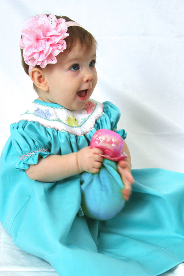 Aquamarine Baby Girls Bishop Dress with Smocked Easter Bunny Aquamarine Baby Girls Bishop Dress with Smocked Easter Bunny