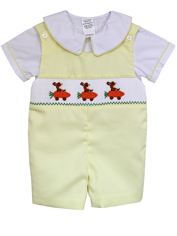 Adorable yellow Easter shortall outfit with smocking and bunny and carrot car embroidery design for boys