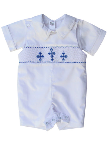 White christening shortall outfit with smocking and blue embroidering 