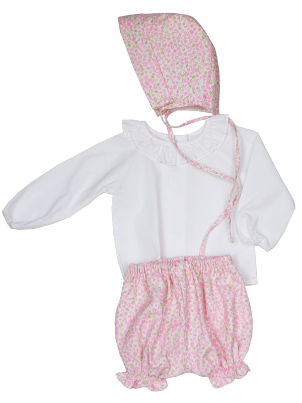 Baby Girls Pink Bonnet ruffle blouse and bloomers