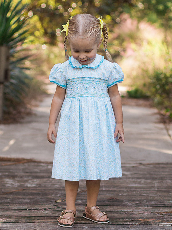 Blue Floral Fall Girls Smocked Dress - Main Image