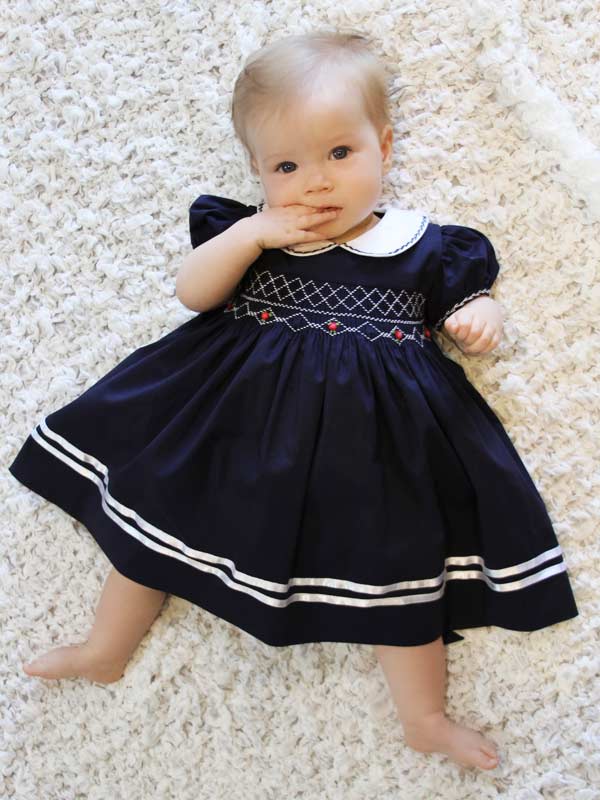 Hand Smocked Girls Dress Navy and Satin Ribbons - Heirloom Hand Smocked Girls Dress Navy and Satin Ribbons - Heirloom