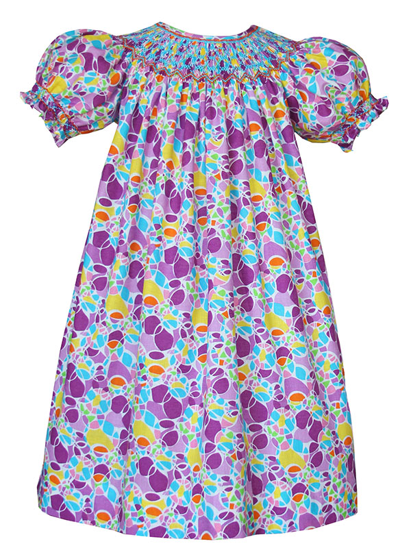 Hand Smocked Turquoise and Lavender Girls Bishop Dress 