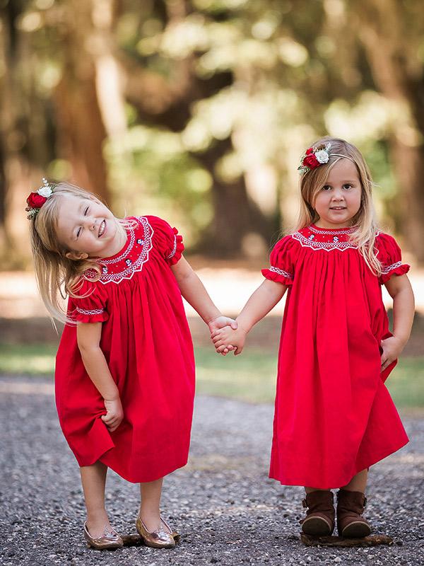 Smocked Snowman Red Christmas Girls Dress Bishop Style Smocked Snowman Red Christmas Girls Dress Bishop Style