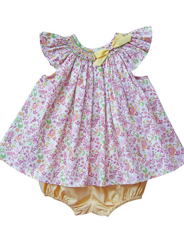 Baby Girls Spring Easter flower print Smocked with ribbon bow Bishop Dress 