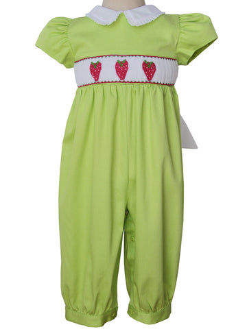 Beautiful baby girls long bubble romper with hand smocked strawberries 