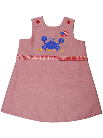 Adorable Red Summer July Holiday Beach Embroidered Overall Dress for Girls - Cute Crab American Flag Embroidery Design 