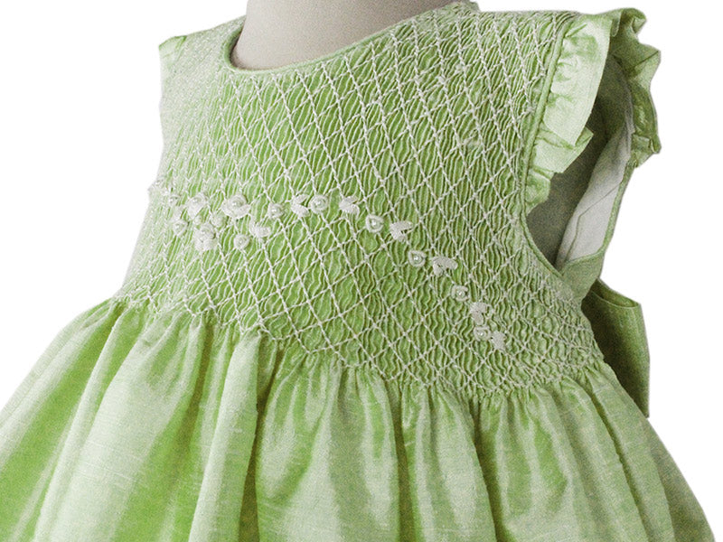 Apple Green Silk Hand Smocked Baby Girls Dress Apple Green Silk Hand Smocked Baby Girls Dress