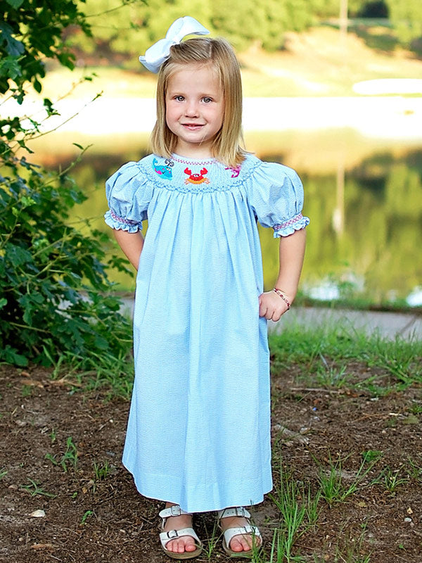 Coralia Smocked Sea Creatures Girls Summer Bishop Dress Coralia Smocked Sea Creatures Girls Summer Bishop Dress
