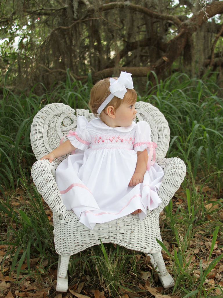 Hand smocked Girls White Dress with Pink ribbons 
