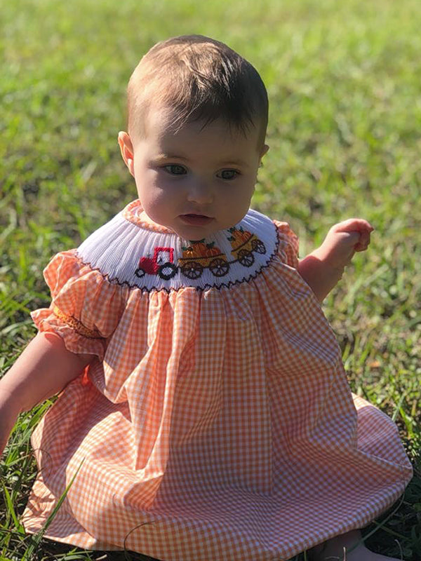 Thanksgiving Pumpkins Girls Bishop Smocked Dress Thanksgiving Pumpkins Girls Bishop Smocked Dress