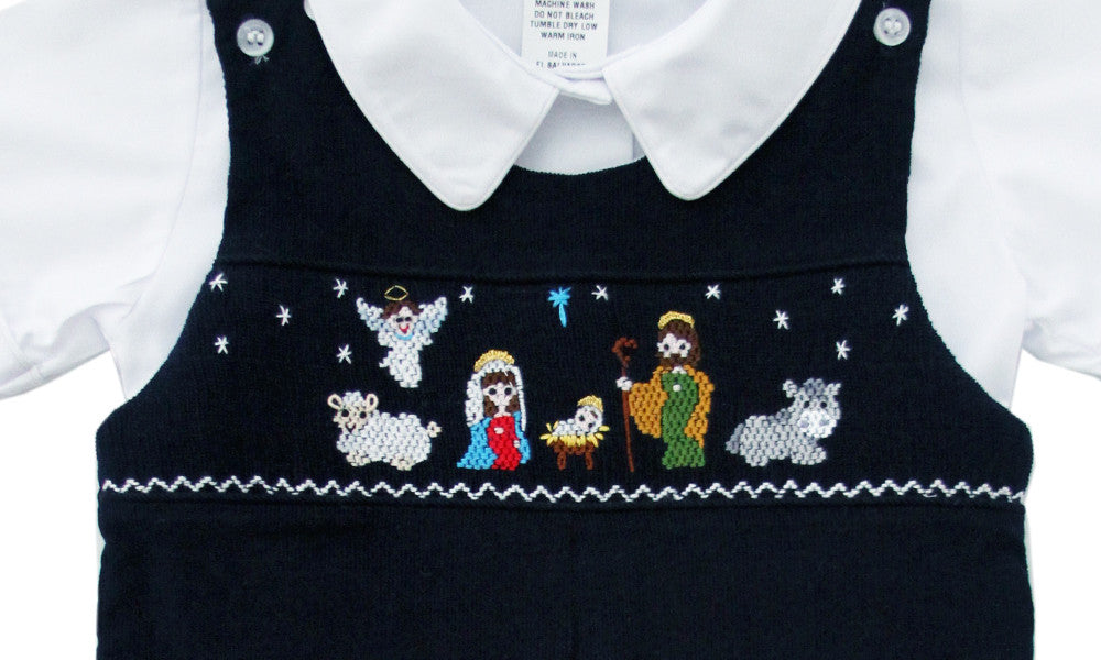 Petit Bebe Cotton Knits Boys Light Blue Striped Smocked Nativity Scene Bubble