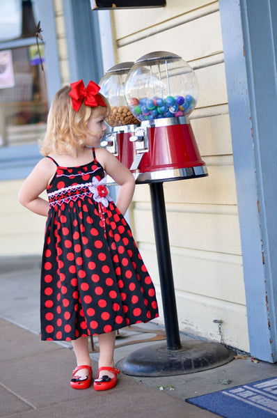 Girls Hand Smocked Summer Dress Black Red Polka Dots Girls Hand Smocked Summer Dress Black Red Polka Dots