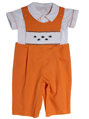 Orange smocked long overall pants for boys with Halloween and spider embroidery design 