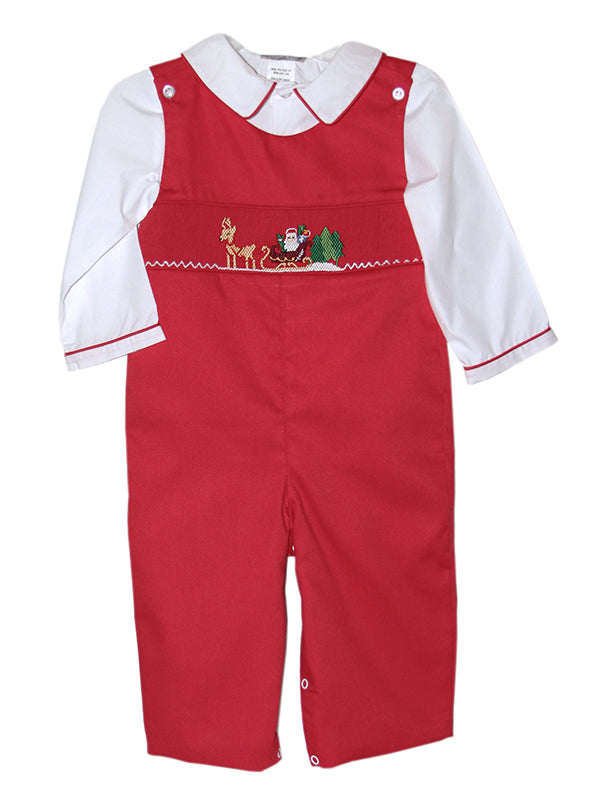 Adorable red smocked Christmas longalls outfit with Santa sleigh and reindeer embroidery design