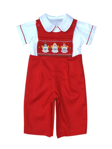 Red holiday Christmas boys smocked longalls pants outfit with angel embroidery design