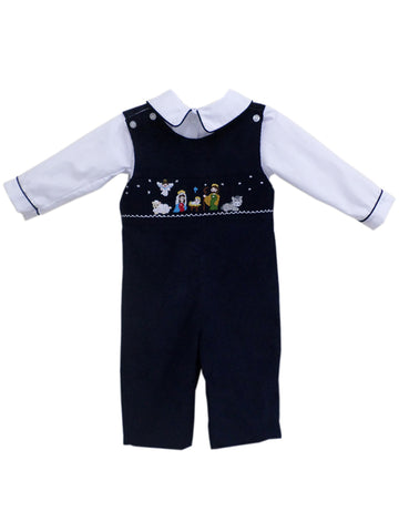 Boys Christmas Winter Navy Blue Longalls With Smocked and Embroidered Nativity Jesus Scene 