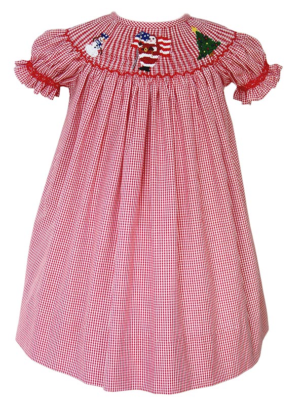 Smocked Red Christmas Bishop Girls Dress with Santa and Snowman Size 6 Smocked Red Christmas Bishop Girls Dress with Santa and Snowman Size 6
