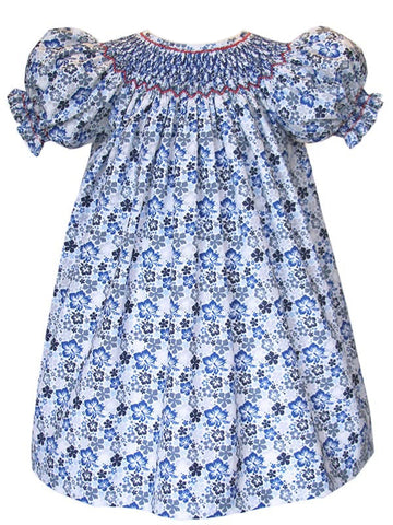 Blue White Floral Flower All Over Print Design Smocked and Embroidery Bishop Dress for Girls