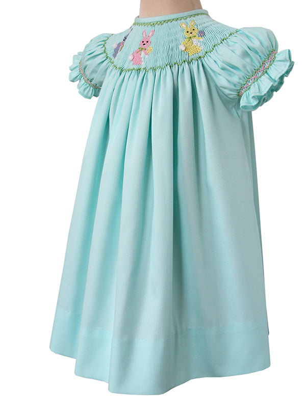 Easter Bunny Girls Smocked Bishop Dress Mint Green Easter Bunny Girls Smocked Bishop Dress Mint Green