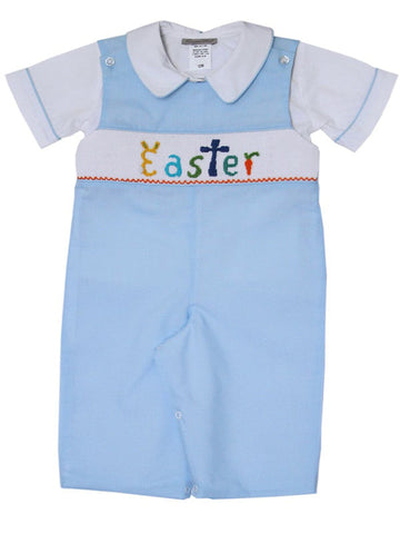 Light blue Easter Overall pants outfit with smocking embroidery design for boys