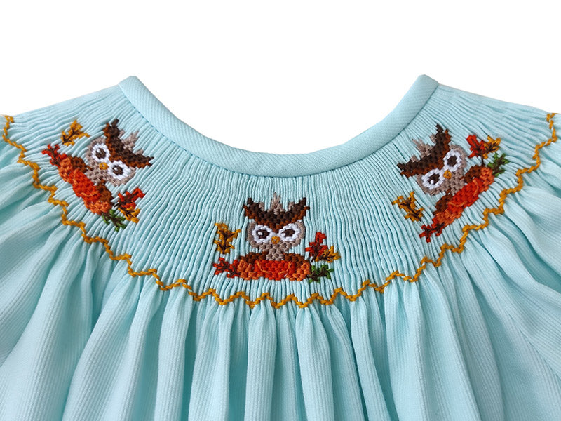 Hand Smocked Thanksgiving Owls Fall Girls Bishop Dress Aqua Hand Smocked Thanksgiving Owls Fall Girls Bishop Dress Aqua