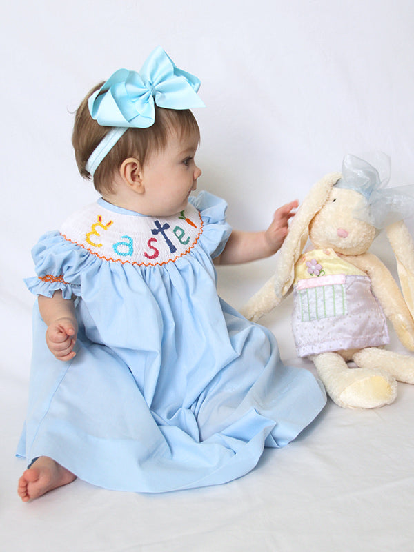 Baby Girls Blue Hand Smocked Easter Bunny Cross Bishop Dress