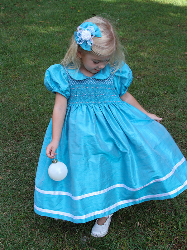 Flower Girls Smocked Silk Dress with Ribbons - Main Image