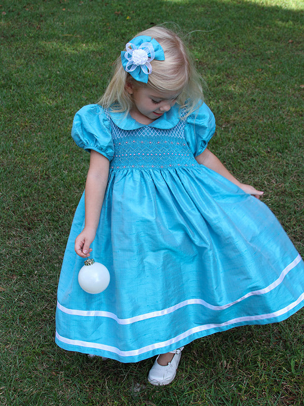 Turquoise Blue Silk smocked and embroidered Flower Girl Dress with Puff Sleeves for Holiday Weddings - Hair Bow Accessory with Ribbon and Flower
