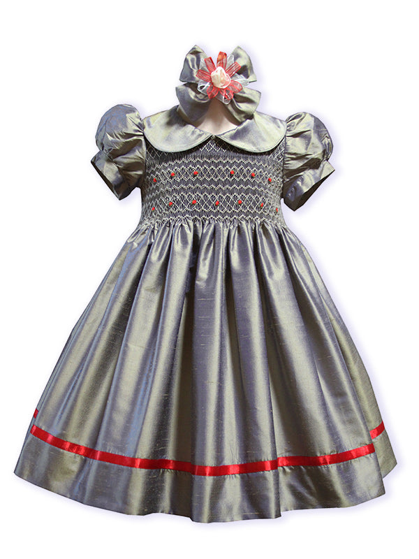 Iridescent Blue Smocked Girls Silk Dress Iridescent Blue Smocked Girls Silk Dress