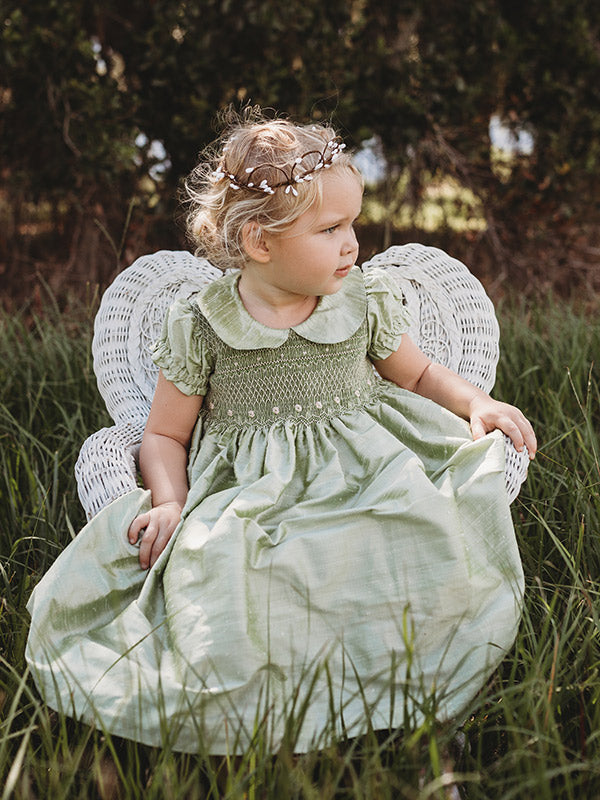 Baby Girls Smocked Green Silk Dupioni Dress