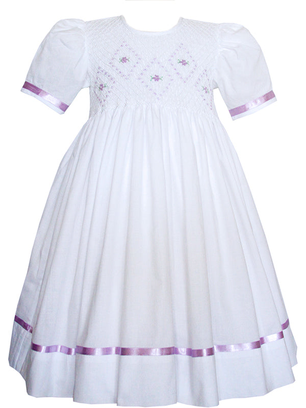 Girls Classic White Smocked Dress and Lavender Ribbons Girls Classic White Smocked Dress and Lavender Ribbons