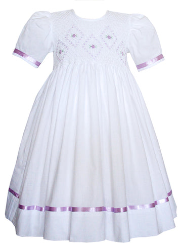 White smocked Lavender embroidery design dresses for girls 