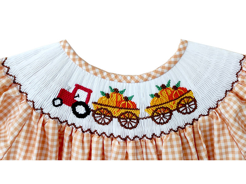 Thanksgiving Pumpkins Girls Bishop Smocked Dress Thanksgiving Pumpkins Girls Bishop Smocked Dress