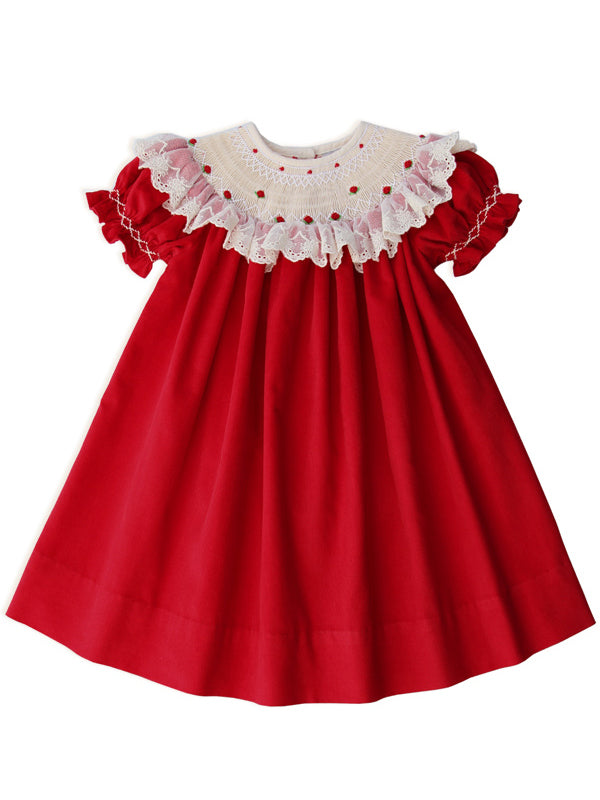 Girls Hand Smocked Red Bishop Dress with Lace size 8 yrs. Girls Hand Smocked Red Bishop Dress with Lace size 8 yrs.