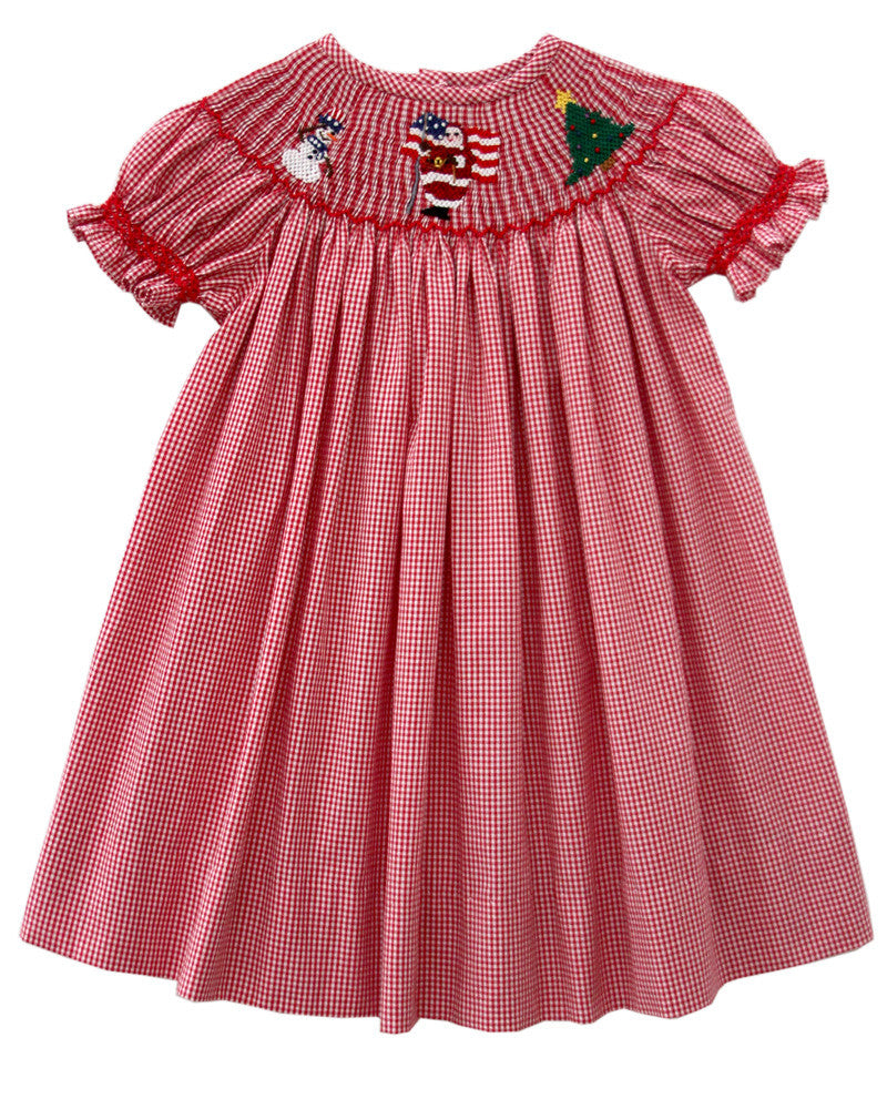 Smocked Red Christmas Bishop Girls Dress with Santa and Snowman Size 6