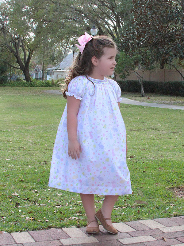Girls White Smocked Easter Bunny Bishop Dress - Main Image