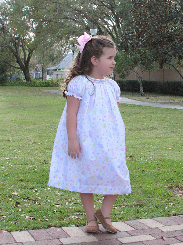 Hand smocked white dress for girls with the Easter Bunny 
