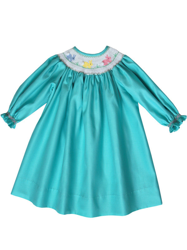 Aquamarine Girls Bishop Dress with Smocked Easter Bunny and Long Sleev Aquamarine Girls Bishop Dress with Smocked Easter Bunny and Long Sleev