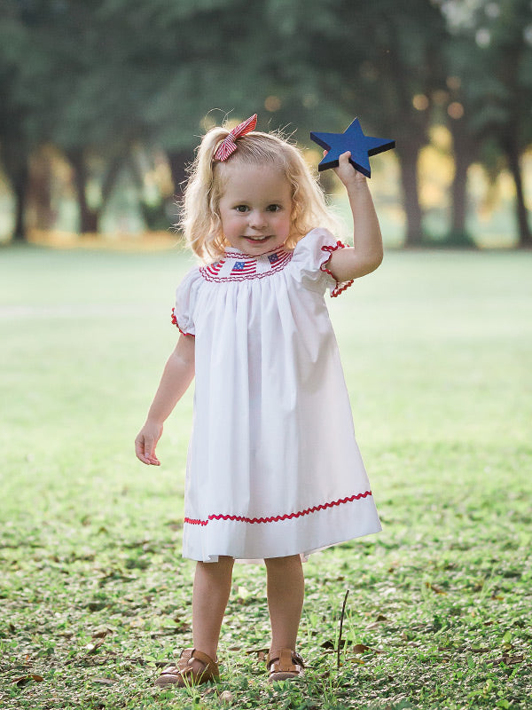Independence Day Girls Smocked USA Flag Bishop Dress Independence Day Girls Smocked USA Flag Bishop Dress