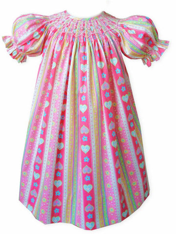 Hand Smocked Girls Pink Dress - Heart Floral Flower All over Print Design Smocked and Embroidery